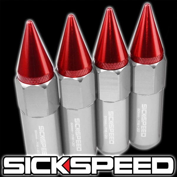 SICKSPEED 4 PC POLISHED/RED SPIKED ALUMINUM LUG NUTS WHEELS/RIMS 7/16X20