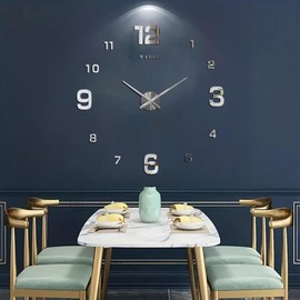 Lucktime Big DIY Wall Clock,3D Mirror Sticker Modern Clock Kit Decorative Wall Clocks for Home Living Room Bedroom Office Wall Decor (Silver)