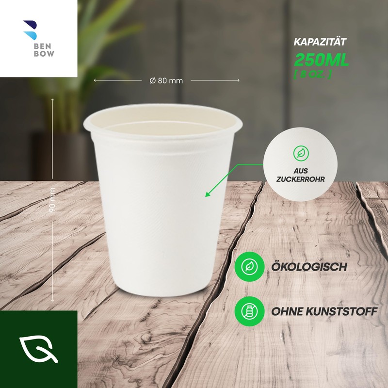 BenBow Disposable Sugar Cane Cups, White, 250 ml x 50