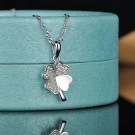 Yumilok Jewelry 925 Sterling Silver Cubic Zirconia Lucky Four Leaf Clover Pendant Necklace for Women/Girls