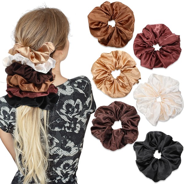 6 Pieces Big Silk Scrunchies for Hair ,Large Velvet Satin Scrunchies Jumbo Elastic Ponytail Holders for Women and Girls (White, Red Brown, Black, Light Coffee, Dark Coffee, Brown)