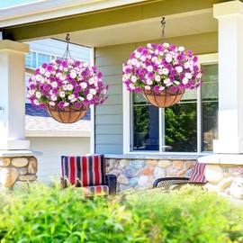 Elyum Artificial Hanging Flowers for Outdoors, Fake Flowers Artificial Petunias Hanging Baskets for Outdoors, UV Resistant Fake Hanging Plants Flowers for Outside Garden Patio Porch Decor