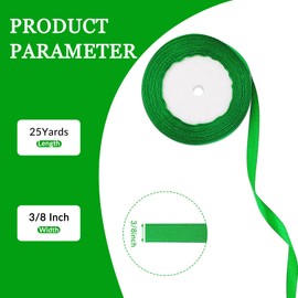 25 Yard Green Wired Satin Ribbon Roll, 3/8 Inch Fabric Ribbon for Craft Bows Rose Bouquet, Holiday Gift Wrapping, Party Decoration