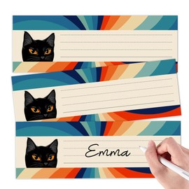 WIRESTER 25pcs Name Tags for Classroom Cubbies, Student Desk Name Plates, Cute Name Tag Labels, Locker Stickers for Office Home School (9x3 Inch) - Black Cat Face