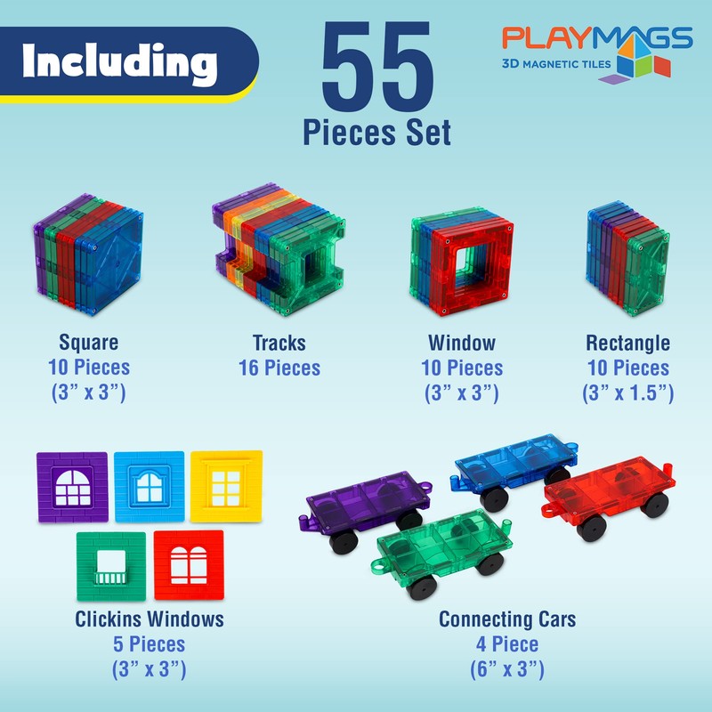 Playmags Magnetic Tiles Train Car Set for Kids - 55pcs