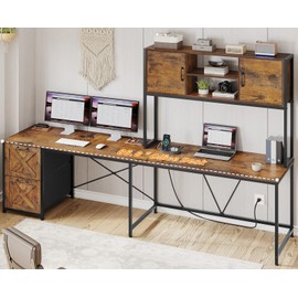 SEDETA L Shaped Desk with Drawers, 62.2" Home Office Desk with Fabric File Drawers and Power Outlet, L Shaped Desk with Hutch, Storage Shelves, LED Lights, Rustic Brown