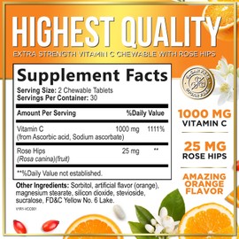 Hello Lovely! Extra Strength Vitamin C 1000 mg, with Rose HIPS Bioflavonoids, Dietary Supplement for Immune Support & Antioxidant Protection, Sugar Free, Non-GMO VIT C Capsules - 60 Chewable Tablets