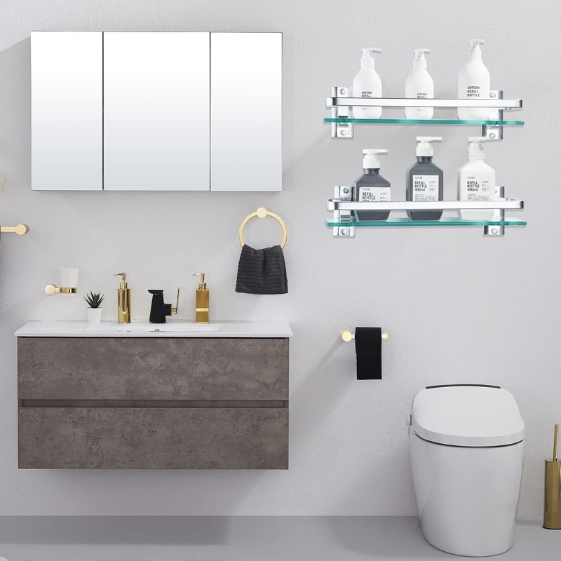AIJALY 3 Pack Bathroom Glass Shelf,Aluminum Tempered Glass 0.34in Extra