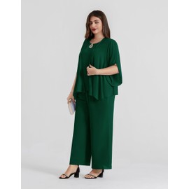 Hanna Nikole Women's Large Sizes Chiffon Evening Suit Sets Cocktail Party Festive Elegant 3-Piece Set Shirt and High Waist Trouser Suit, dark green