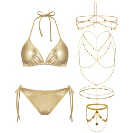 Jeere 5 Pcs Women Gold Bikini with Gold Sequins Head Chain Body Waist Thigh Chain Jewelry Set Swimsuit Bathing Suits(M)