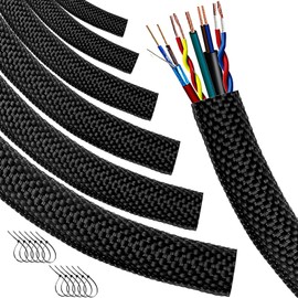 Automotive Wire Loom High Temperature Braided Wire Loom, Split-Sleeve Heat Resistant Wiring Loom Cord Cover for Harness Wires, Self-Wrapping Heavy Duty Sheathing Cable Management Black（16ft-1/2inch ）