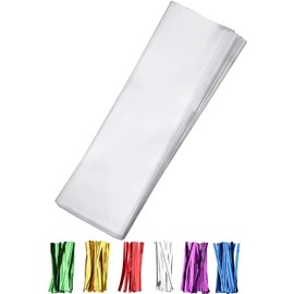 Nobranded 100 pcs Clear 2" x 10" Flat Cello Cellophane Bags Poly Treat Bags 2.8 mils for Gift Wrapping, Bakery, Cookie, Candies, Toast, Dessert, Party Favors Packaging with Color Twist Ties