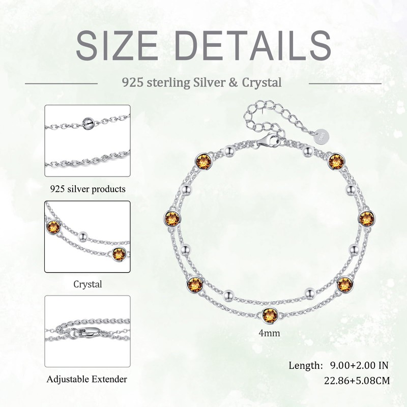 POPLYKE S925 Sterling Silver Yellow Crystal Anklet Layered Chain Ankle