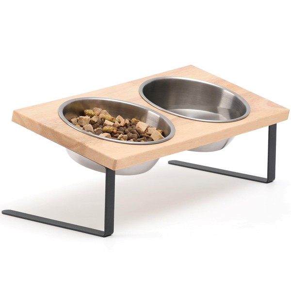 FUKUMARU Elevated Cat Bowls, 15° Tilted Raised Stainless Steel Bowl Stand, Small Dog Rubber Board Food Water Bowl Set Feeding Station for Cats and Puppy