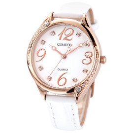 Comtex 腕時計 ホワイト皮革 バンド ウォッチ ローズゴールド 可愛い 丸い 時計 レディース