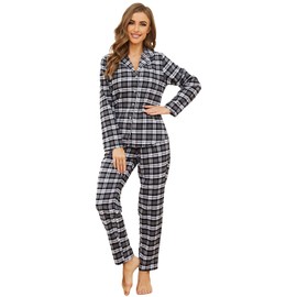 Mnemo 100% Cotton Pyjamas Set for Women Button Down Long Sleeves Pjs Plaid Pajamas Loungewear Black