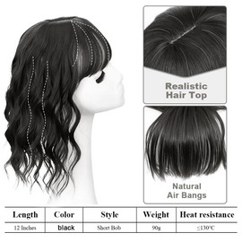 FDEETY Women's Wig, 12 Inch Short Hair, Waves and Curls, Clip-In Hairpiece, Fringe, Hairpiece Made of Synthetic Hair, Ideal for Everyday Use and Carnival, Short Haircut, Wig Women (Black)