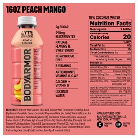 BODYARMOR LYTE Sports Drink Low-Calorie Sports Beverage, Peach Mango, Coconut Water Hydration, Natural Flavors With Vitamins, Potassium-Packed Electrolytes, Perfect For Athletes, 16 Fl Oz (Pack of 12)