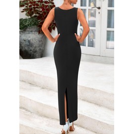 PRETTYGARDEN Women's 2025 Summer Semi Formal Midi Dresses Sleeveless Ruched Bodycon Long Elegant Cocktail Wedding Guest Dress (Black,XX-Large)