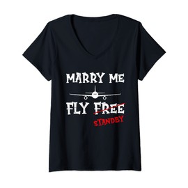 Womens Marry Me Fly Free Standby Airlines Airplane Stewardess V-Neck T-Shirt