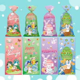 STARANDBEE Easter Cellophane Candy Treat Bags,50 PCS Cello Goodie Cooikes Gift Bags with 60 PCS Gold Twist Ties for Easter Party Favor Supplies,4 Styles