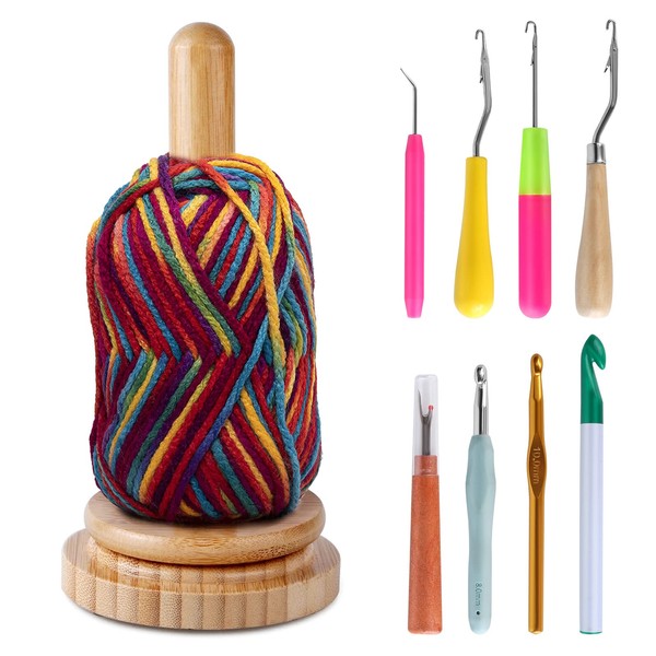MKNZOME Rotating Wool Ball Holder, Knitting Thread Holder Made of Wood with Twist Mechanism with 8 Crochet Hooks - Wooden Yarn Holder for Knitting, Crochet, Spinning and Sewing