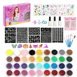 Glitter Tattoo Set Girls Temporary Tattoo Children 36 Temporary Tattoo Kit, Glitter Tattoos Children's Set, 222 Stencils, 5 Brushes, 3 Glues, Waterproof Tattoos for Parties