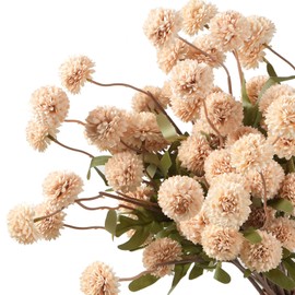 trytuny Fake Fall Flowers for Vase, Faux Silk Kiku Mums, Artificial Pom pom Floral Bouquets Indoor Centerpiece Office Coffee Table Boho Home Decorations (9, Khaki)