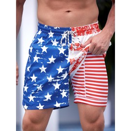 Mainfini Men's Stripes and Stars Swimsuit Inappropriate 4th of July Beach Short with Liner 6" Freedom USA Swimwear S