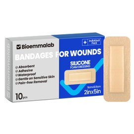 Large Waterproof Bandages 2"X5" Silicone Foam Dressing for Sensitive Skin Wound Care, 10 PCS, Adhesive Cohesive Pad with Border for First Aid, Post Surgical and Trauma Care, Sore, Burn, Pressure