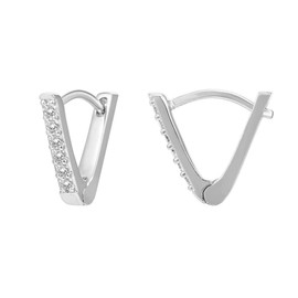 PAVOI 14K Gold Plated Sterling Silver Post V-Shaped Huggie Earrings - Cubic Zirconia Studded Small Hoop Earrings for Women in White Gold Plating