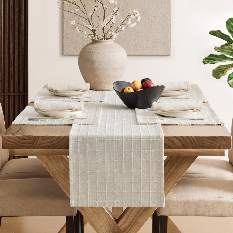 ZeeMart Artisanal Grid Decorative Linen Placemats Set of 6, Ivory