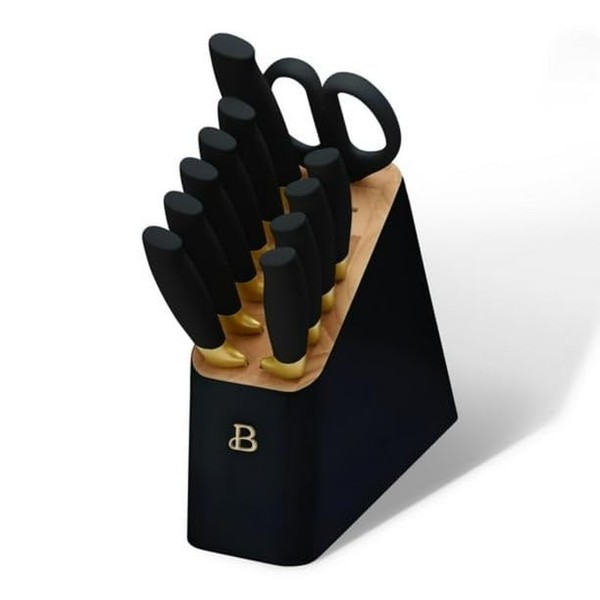 12 Piece Stainless Steel Knife Block Set, Soft-Grip Handles Black