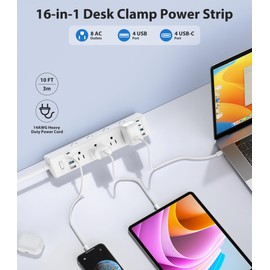 40W Fast Charging Station,Desk Clamp Power Strip 20W USB C,8 Outlets,8 USB Ports,4 USB C and 4 USB A, Office Furniture Surge Protector, 14AWG Cord, Fits 1.9" Tabletop Edge (White, 10FT Length)