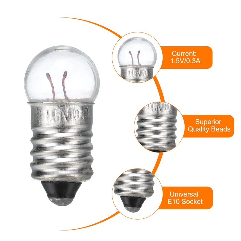 MECCANIXITY 1.5V/0.3A E10 Mini Light Bulbs, 25Pcs Miniature Screw Bulbs