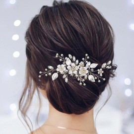 ALUINN Silver Bridal Hair Comb For Wedding Hair Accessories, Crystals Bridal Hair Comb Piece, Pearls, Leaves Hair Piece for Brides, Women