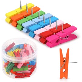 50 PCS Colorful Push Pin with Wooden Clips, Durable, Decorative Pushpins Tacks Thumbtacks for Cork Board Artworks Notes Photos, Craft Projects, Offices and Homes (8 Colors)