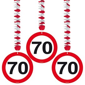 Traffic Sign 70th Party Hanging decor Pack of 3, 3 Traffic Sign Designs on foil spiral hanging decorations