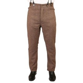 Historical Emporium Men's Herringbone Tweed Dress Trousers, Victorian Western Work Pants with Suspender Buttons 42 Brown