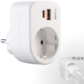 revolt USB Charger Power Supply: 3-in-1 Socket, USB-C with PD 30 W, USB-A with QC 3.0 30 W, 230 Volt (Surface-Mounted Socket, Schuko, Power Plug with USB Ports)