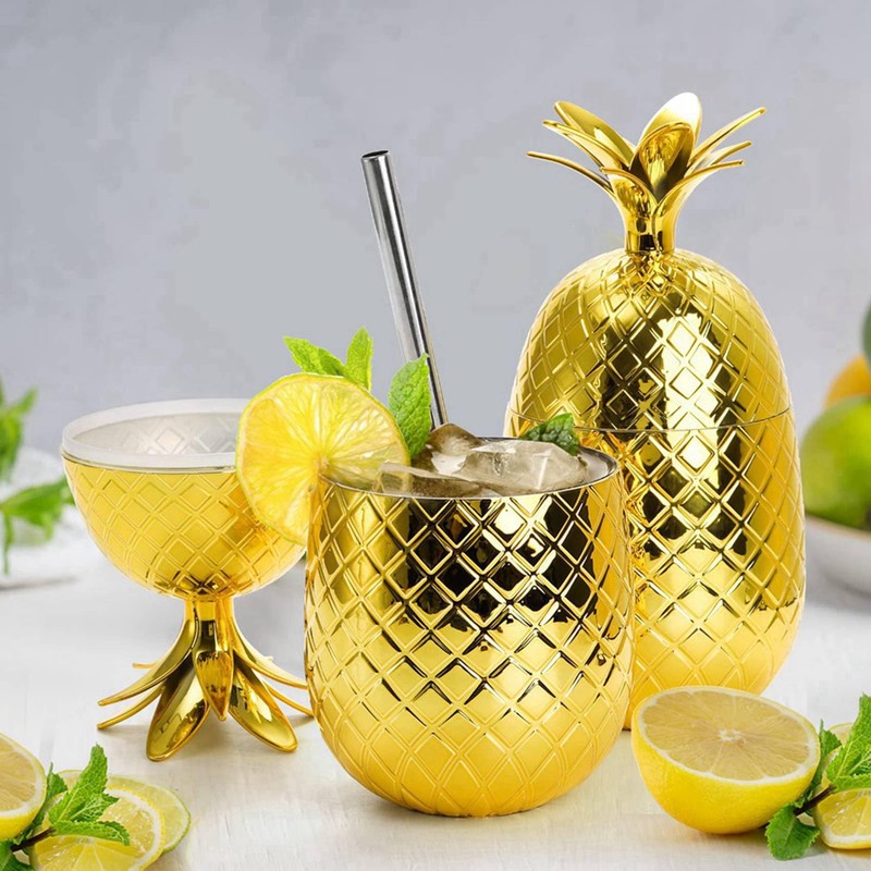 4 Pack Pineapples Drink Cups, 450Ml Gold Pineapples Tumbler with