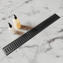 Shower Drain Stainless Steel for Bathroom: Black Linear Shower Drain 18 Inch with Removable Capsule Pattern Grate - Adjustable Rectangular Shower Floor Drain with Hair Strainer (Matte Black)