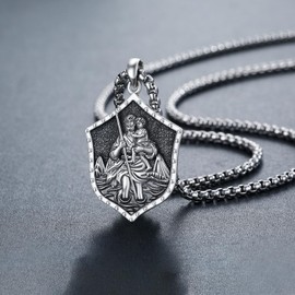 Twoowl Saint Christopher Necklace for Men 925 Sterling Silver Patron St Christopher Amulet Pendant Necklace Protection Catholic Faith Jewelry Gifts for Men Women, Sterling Silver, No Gemstone