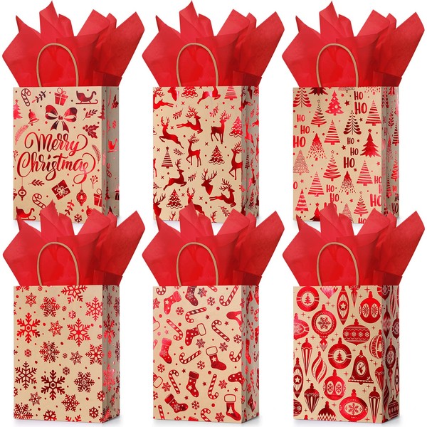24 Pcs Christmas Gift Bags with Tissue Paper, Merry Christmas Xmas Kraft Paper Goodie Bags with Handles Bulk for Christmas Gift Wrapping Holiday Party Supplies (Red Snowflake)