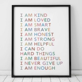 Affirmations Wall Art, Gift For Kids, Kid Affirmations Wall Decor, Playroom Decor, Kids Bedroom Decor, I Am Kind I Am Enough, Nursery Decor, Colorful Wall Art, Classroom Decor, (8X10 Inch+Framed)
