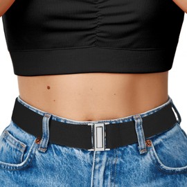 NQIYOOH No Show Elastic Belts for Women with Invisible Flat Buckle Stretch Web Strap Belt for Jeans Pants Dresses,Black,Suit for US Size 0-16
