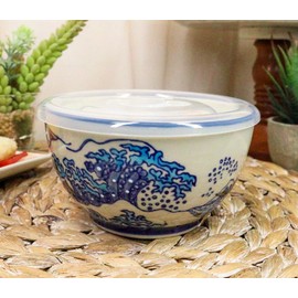 Ebros Pack of 2 Ceramic Lunch or Dinner 2 Cups Size Bowls with Airtight Seal Storage Lid 5" Dia Take Out to Go Meal Planning Refrigerator Microwave Dishwasher Safe (Blue Hokusai Great Wave)