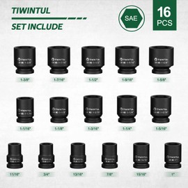 TIWINTUL 3/4 Inch Drive Impact Socket Set, CR-MO Steel, 16 Pieces Socket set, SAE Sizes 11/16" to 1-5/8", Heavy Duty Impact Socket Set for Large Vehicle and Equipment Maintenance