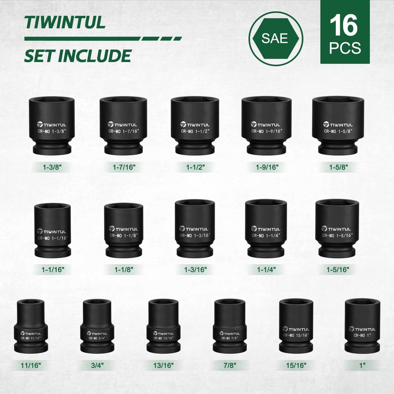 TIWINTUL 3/4 Inch Drive Impact Socket Set, CR-MO Steel, 16