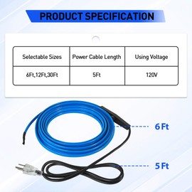 6Ft Heat Tape for Water Pipes, Self-Regulating Pipe Heat Cable with Thermostat, Freeze Protection Water Pipe Heating Cable with Fiberglass Tape, 7.6w/ft, 120V, ETL Listed